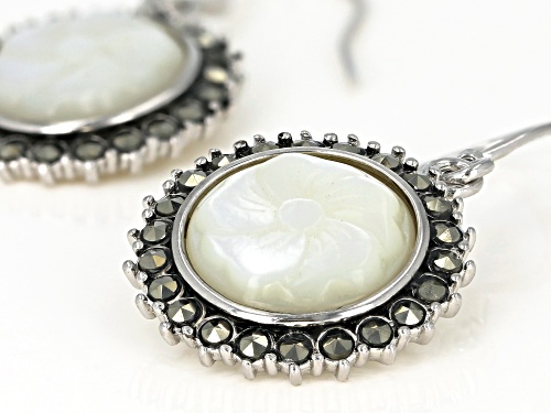 12MM ROUND WHITE MOTHER-OF-PEARL FLOWER WITH MARCASITE RHODIUM OVER SILVER EARRINGS