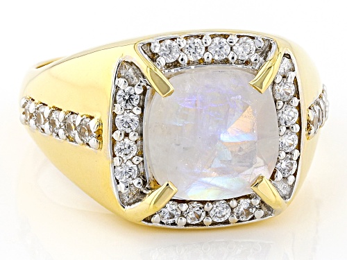 3.10ct Cushion Rainbow Moonstone With 1.63ctw White Zircon 18k Yellow Gold Over Silver Men's Ring - Size 13