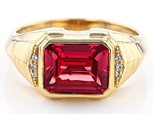 5.53ct Lab Padparadscha Sapphire With 0.04ctw White Zircon 18k Yellow Gold Over Silver Men's Ring - Size 12