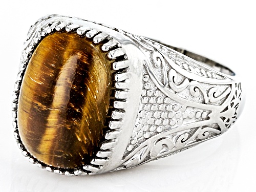 14x10mm Rectangular Cushion Tigers Eye Rhodium Over Sterling Silver Solitaire Men's Ring - Size 12