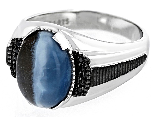 14x10mm Oval Bi Color Opal With 0.09ctw Black Spinel Rhodium Over Sterling Silver Men's Ring - Size 11