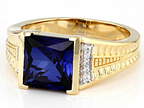 5.00ct Lab Created Blue Sapphire With 0.06ctw White Zircon 18k Yellow Gold Over Silver Men's Ring - Size 11