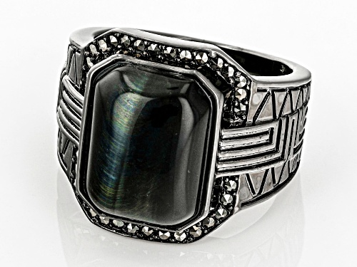 16x12mm Blue Tigers Eye With 1.25mm Marcasite, Black Rhodium Over Brass Men's Ring - Size 11
