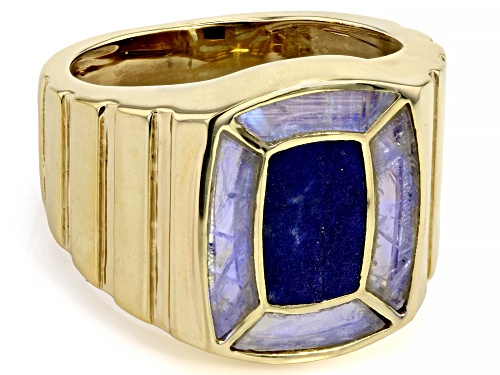 10x6mm Lapis Lazuli with Rainbow Moonstone Inlay 18k Yellow Gold Over Sterling Silver Men's Ring - Size 11