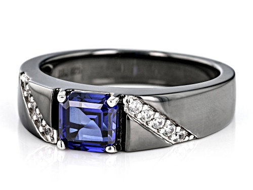 1.36ct Lab Blue Sapphire with 0.19ctw White Zircon, Black Rhodium Over Sterling Silver Men's Ring - Size 9