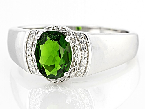 1.04ct Oval Chrome Diopside With .09ctw White Zircon Rhodium Over Sterling Silver Ring Men's Ring - Size 13