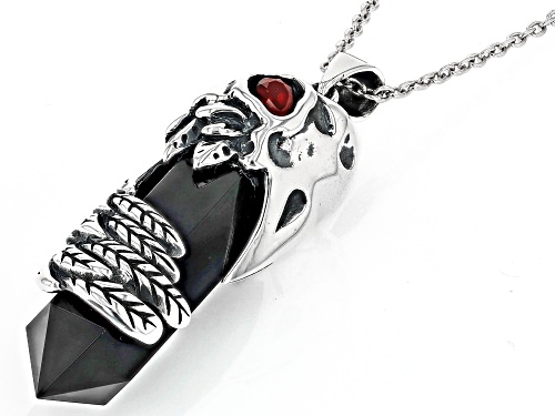 28x9mm Black Onyx With 0.37ctw Vermelho Garnet™ Sterling Silver Raven Pendant With Chain