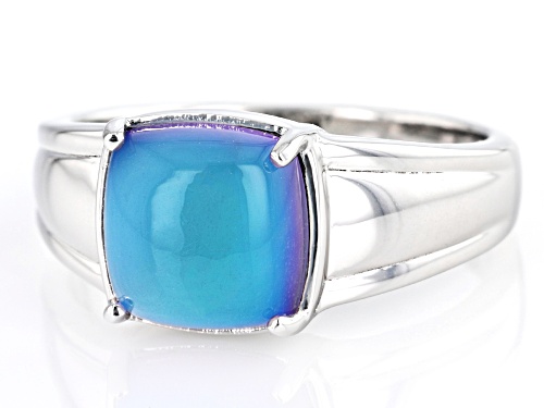 9mm Square Cushion Blue Aurora Moonstone Rhodium Over Sterling Silver Men's Ring - Size 12