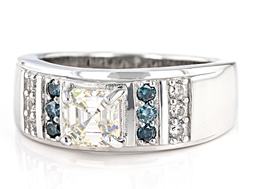 1.89ctw Strontium Titanate, Blue Diamond & White Zircon Rhodium Over Sterling Silver Men's Ring - Size 10
