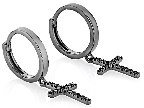 0.08ctw Round Black Spinel, Black Rhodium Over Sterling Silver Cross Dangle Men's Earrings