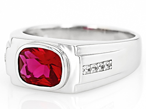 3.60ctw Lab Created Ruby With 0.14ctw Lab White Sapphire Rhodium Over Sterling Silver Men's Ring - Size 10