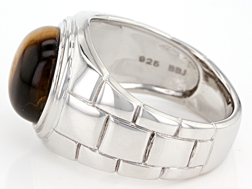 Round Cabochon Tigers Eye Men's Rhodium Over Sterling Silver Ring - Size 11