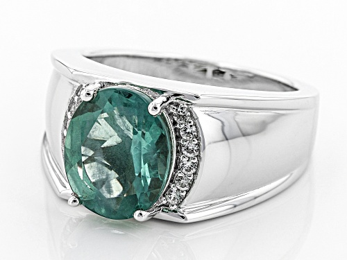 5.31ct Oval Teal Fluorite With 0.27ctw White Zircon Rhodium Over Sterling Silver Men's Ring - Size 13