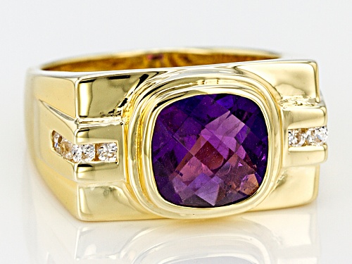 3.38CT AFRICAN AMETHYST WITH .42CTW WHITE ZIRCON 18K YELLOW GOLD OVER SILVER GENT'S RING - Size 12