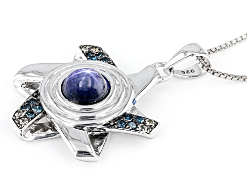 2.50ct Blue Star Sapphire, .30ctw Diamonds & White Zircon Rhodium Over Silver Men's Pendant/Chain