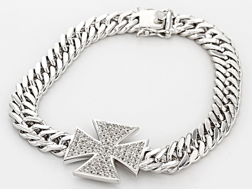 3.10ctw Round White Zircon Rhodium Over Sterling Silver Men's Cross Bracelet - Size 8.5