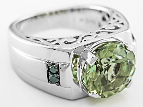 3.88ct Round Green Prasiolite With .11ctw Round Green Diamond Rhodium Over Silver Men's Ring - Size 9