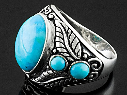 Oval And Round Cabochon Blue Turquoise Sterling Silver Mens Ring - Size 11