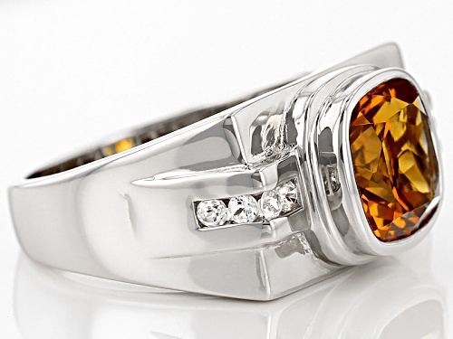 3.51ct Square Cushion Citrine And .40ctw Round White Zircon Rhodium Over Sterling Silver Men's Ring - Size 12