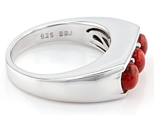 5mm Round Red Coral Rhodium Over Sterling Silver Men's 3-Stone Ring - Size 11
