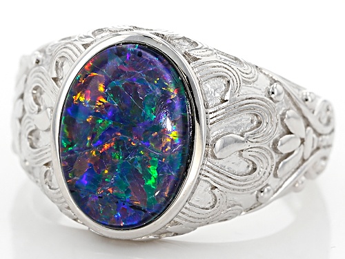 14x10mm Oval Australian Opal Triplet Rhodium Over Sterling Silver Gent's Ring - Size 12