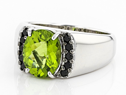 3.11CT OVAL CHECKERBOARD MANCHURIAN PERIDOT(TM) & BLACK SPINEL RHODIUM OVER SILVER MEN'S RING - Size 10