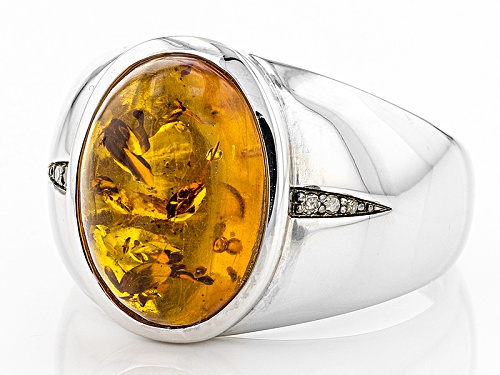 16x12mm Cabochon Amber With .03ctw  Champagne Diamond Accent Rhodium Over Silver Gents Ring - Size 12