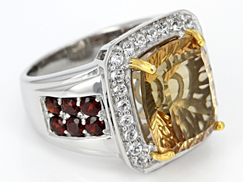 8.16ct Champagne Quartz With 2.14ctw Vermelho Garnet™ & White Topaz Rhodium Over Silver Gent's Ring - Size 10