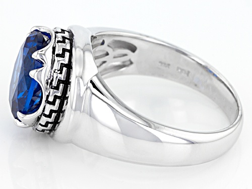4.06ct Oval Lab Created Blue Spinel Solitaire Rhodium Over Sterling Silver Gent's Ring - Size 11