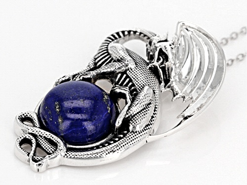 12mm Round Lapis Lazuli Sterling Silver Dragon Pendant With Chain
