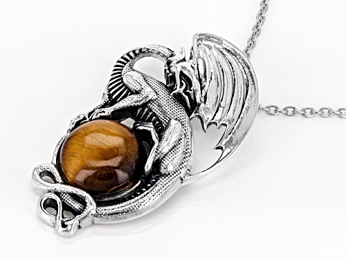 12mm Round Tigers Eye Sterling Silver Dragon Pendant With Chain