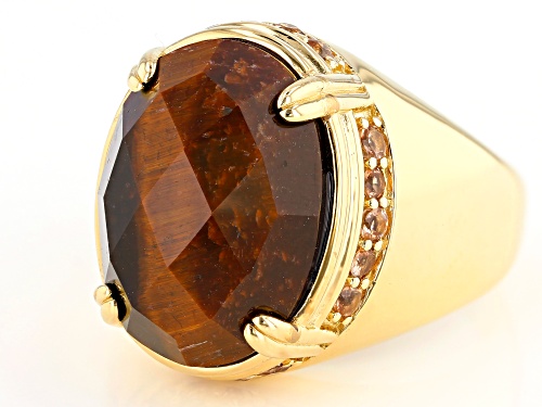9.69ct Oval Checkerboard Cut Tigers Eye & .61ctw Andalusite 18k Gold Over Silver Gents Ring - Size 11