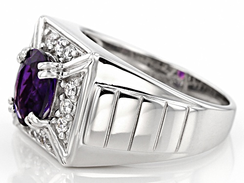 1.96CT OVAL MOROCCAN AMETHYST WITH .48CTW ROUND WHITE ZIRCON RHODIUM OVER SILVER MEN'S RING - Size 10