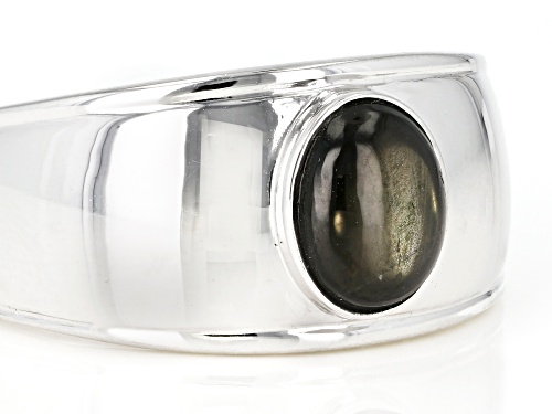 1.61CT OVAL CABOCHON BLACK STAR SAPPHIRE RHODIUM OVER STERLING SILVER MENS RING - Size 11
