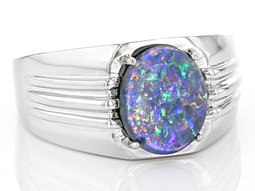 12x10mm Australian Opal Triplet Rhodium Over Sterling Silver Mens Ring - Size 11