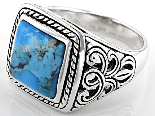 12mm Square Cushion Cabochon Turquoise Rhodium Over Sterling Silver Solitaire Mens Ring - Size 12