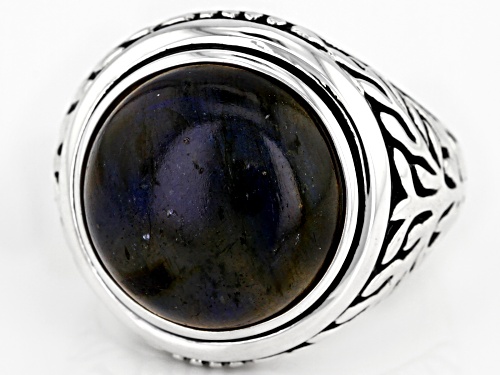 16mm Round Cabochon Labradorite Solitaire, Rhodium Over Sterling Silver Mens Ring - Size 11