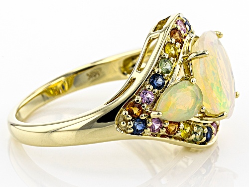 1.79ctw Oval And Pear Shape Ethiopian Opal With .63ctw Round Multi Sapphire 10k Yellow Gold Ring - Size 9
