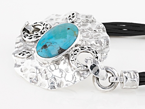 19.6x13.6mm Oval Turquoise Sterling Silver With Black Leather Strap Bracelet - Size 7.25