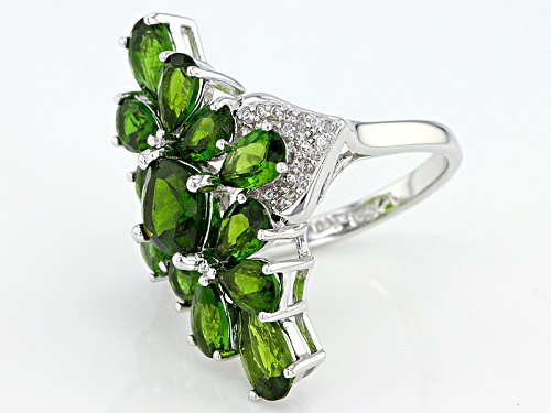 6.92ctw Square Cushion & Pear Shape Russian Chrome Diopside With .27ctw White Zircon Silver Ring - Size 6