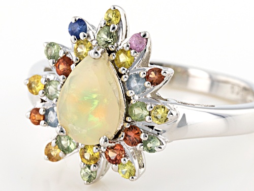 .57ct Pear Shape Ethiopian Opal With .84ctw Round Sapphire Mix Sterling Silver Ring - Size 10