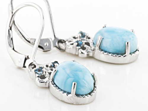 9x7mm Oval Larimar Cabochon And .11ctw Round Swiss Blue Topaz Sterling Silver Dangle Earrings
