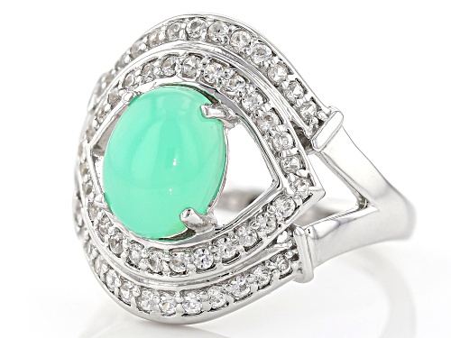 9X7MM OVAL GREEN OPAL WITH .40CTW ROUND WHITE ZIRCON RHODIUM OVER STERLING SILVER RING - Size 6