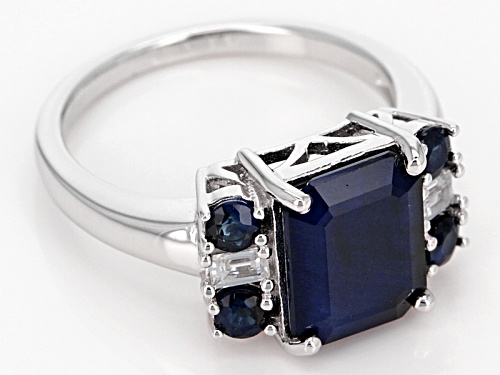 3.67ctw Emerald Cut & Round Blue Sapphire With .24ctw White Zircon Rhodium Over Silver Ring - Size 9