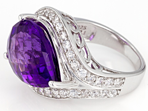 9.77CT PEAR SHAPE CHECKERBOARD CUT AFRICAN AMETHYST WITH 1.37CTW WHITE ZIRCON STERLING SILVER RING - Size 7