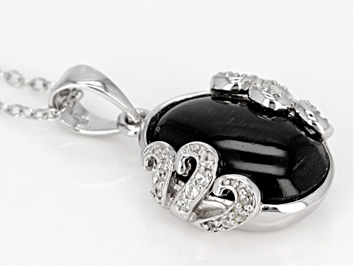 14x10mm Oval Black Cat's Eye Sillimanite And .11ctw Round White Zircon Silver Pendant With Chain