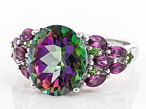 5.39ct Oval Multicolor Mystic Topaz® With 1.00ctw Chrome Diopside And .09ctw Rhodolite Silver Ring - Size 7