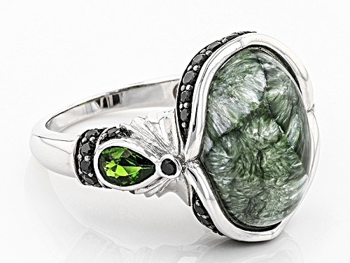 18x13mm Oval Seraphinite With 1.52ctw Russian Chrome Diopside And Round Black Spinel Silver Ring - Size 6