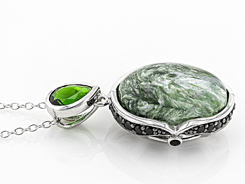 18x13mm Seraphinite, .59ct Russian Chrome Diopside And .51ctw Black Spinel Silver Pendant With Chain