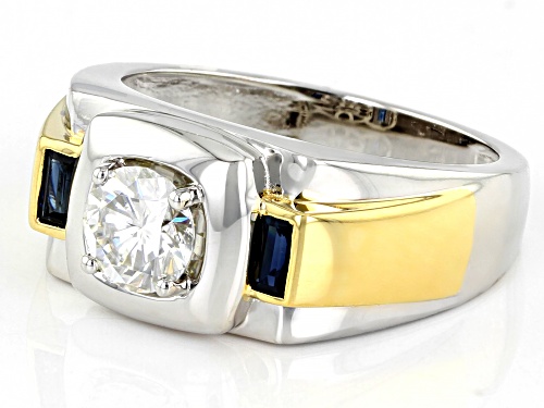 MOISSANITE FIRE(R) 1.00CT DEW & SAPPHIRE PLATINEVE(R) & 14K YELLOW GOLD OVER PLATINEVE MEN'S RING - Size 10